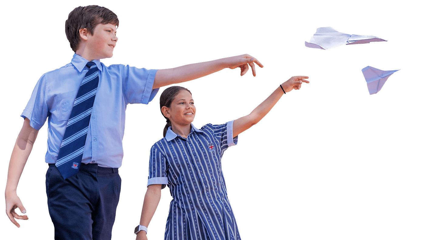 Guildford Grammar Senior Students throwing paper planes cut out PNG